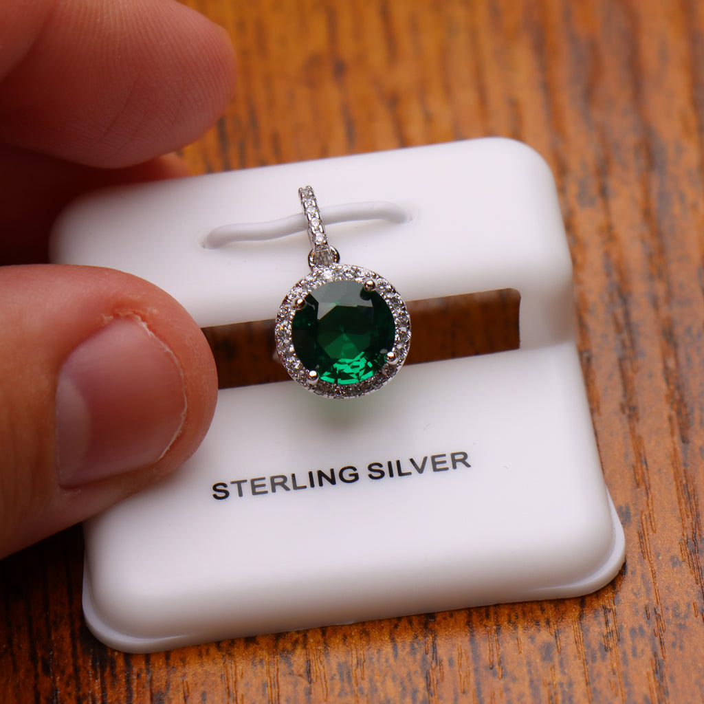 Round Green CZ Halo Pendant 925 Sterling Silver 10mm