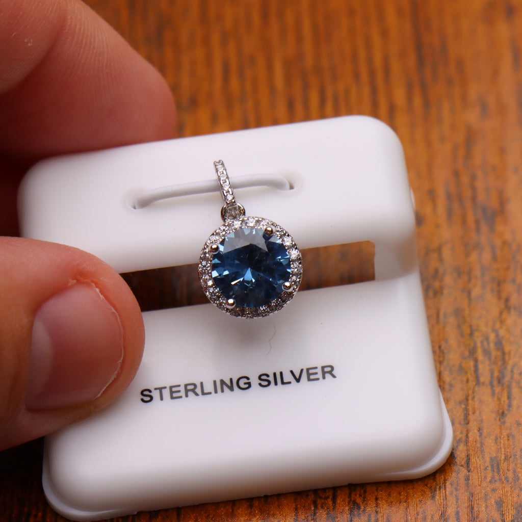 Round London Blue CZ Halo Pendant 925 Sterling Silver 10mm