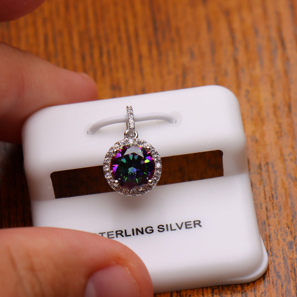 Round Mystic Topaz CZ Halo Pendant 925 Sterling Silver 10mm