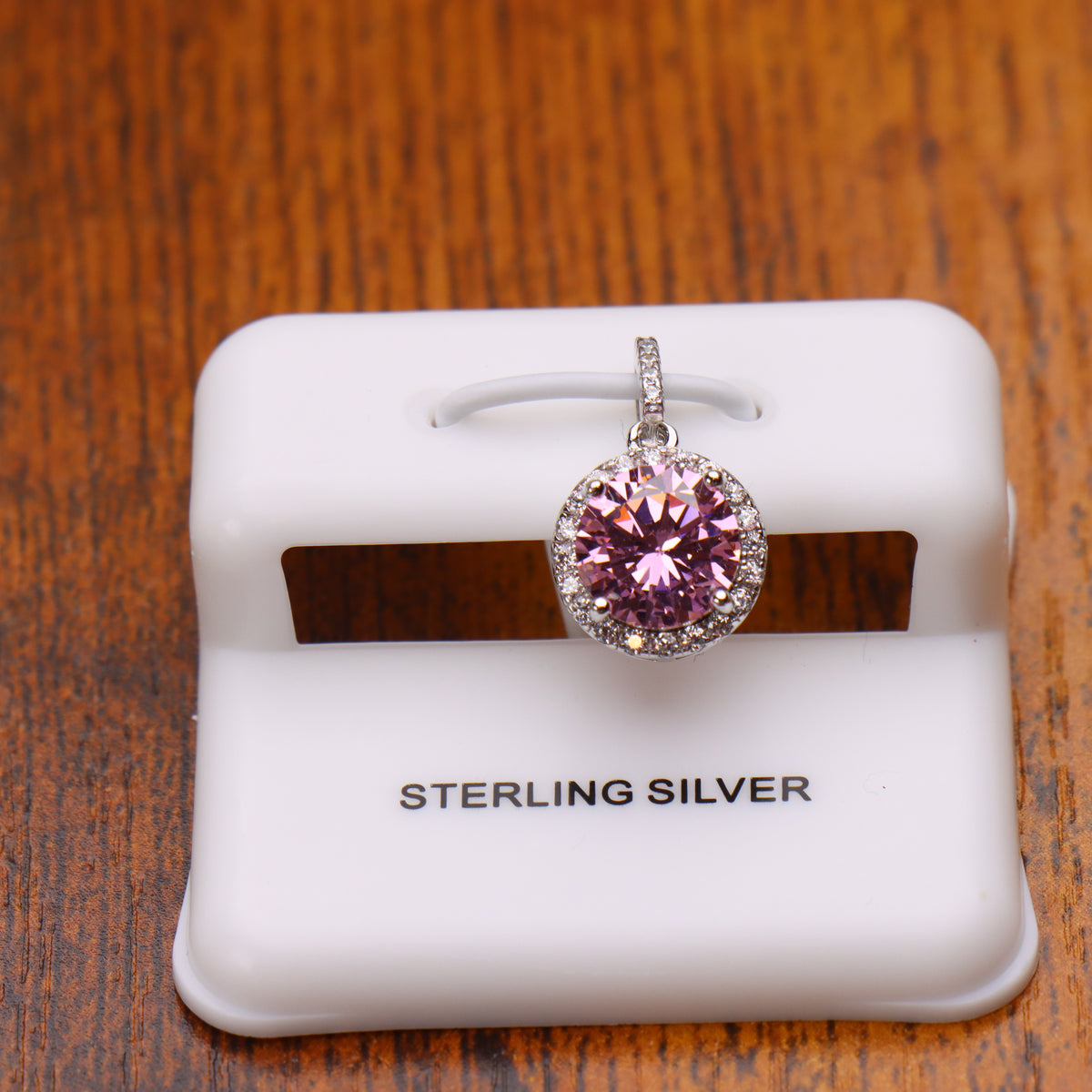 Round Pink CZ Halo Pendant 925 Sterling Silver 10mm