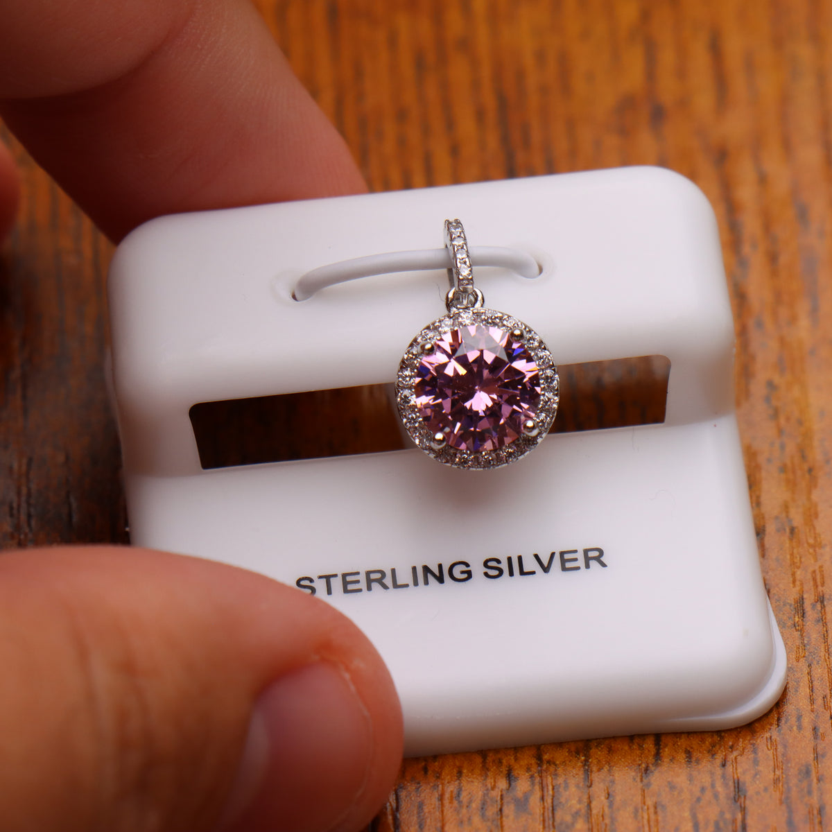 Round Pink CZ Halo Pendant 925 Sterling Silver 10mm