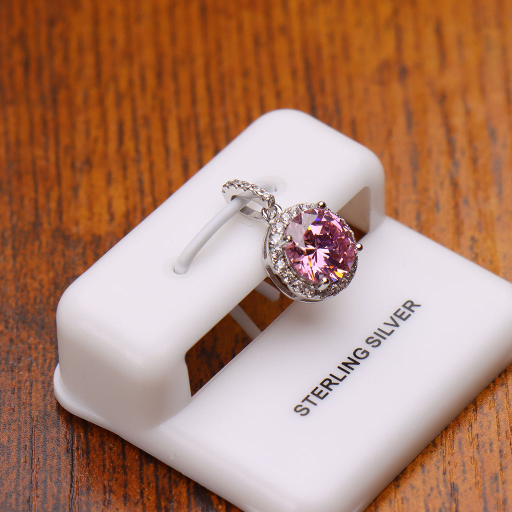 Round Pink CZ Halo Pendant 925 Sterling Silver 10mm