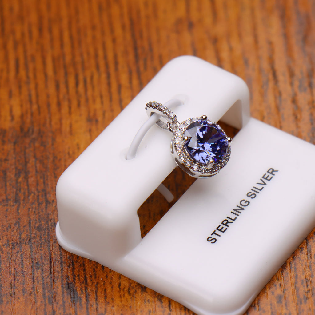 Round Tanzanite CZ Halo Pendant 925 Sterling Silver 10mm