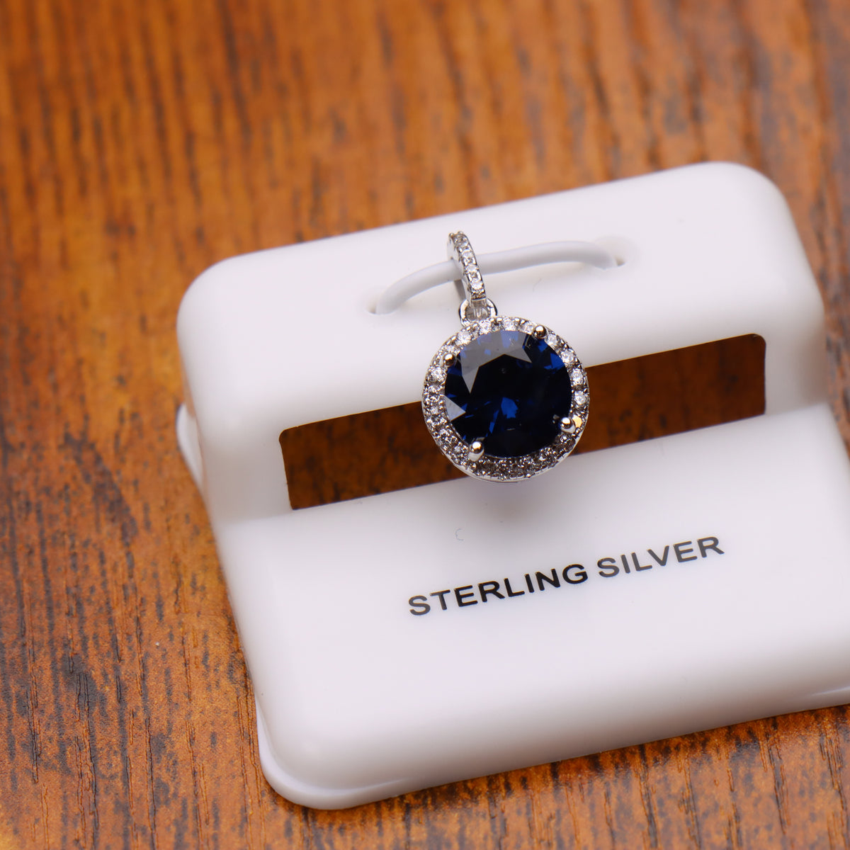 Round Dark Blue CZ Halo Pendant 925 Sterling Silver 10mm