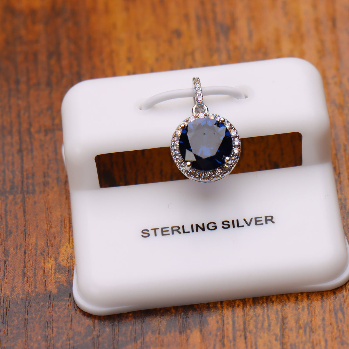 Round Dark Blue CZ Halo Pendant 925 Sterling Silver 10mm