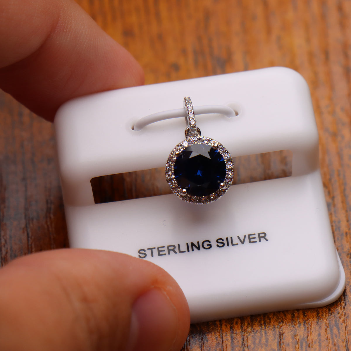 Round Dark Blue CZ Halo Pendant 925 Sterling Silver 10mm