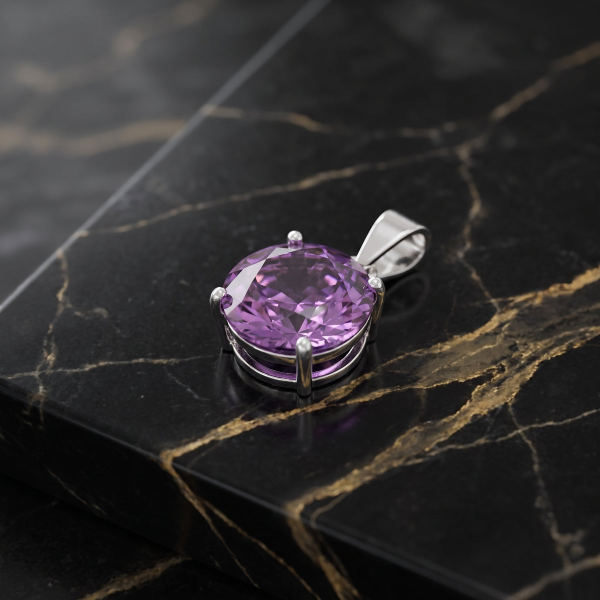 Amethyst Round Semi Precious Natural Pendant 925 Sterling Silver 7mm
