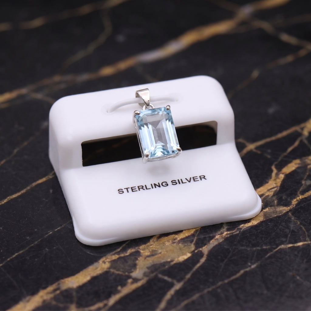 Blue Topaz Emerald Cut Semi Precious Natural Pendant 925 Silver 9x7mm