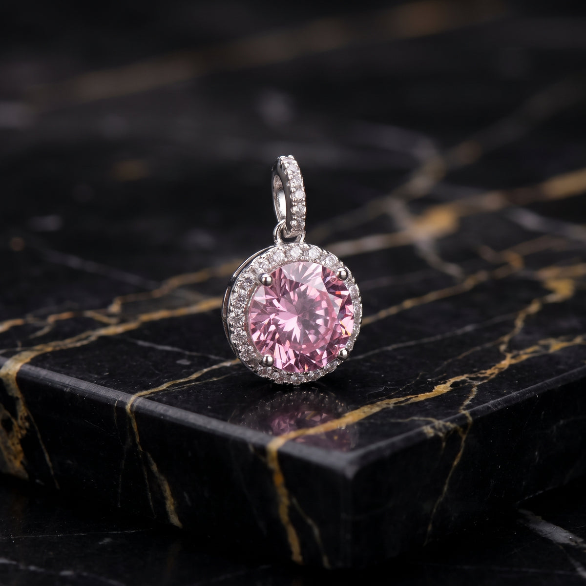 Round Pink CZ Halo Pendant 925 Sterling Silver 10mm