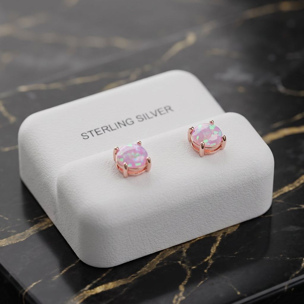 Pink Opal Round Earrings 925 Rose Gold Over 925 Sterling Silver Lab Created