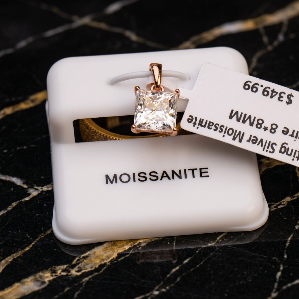 Genuine Moissanite Princess Cut 8mm 3ct Pendant Rose Gold 925 Sterling Silver
