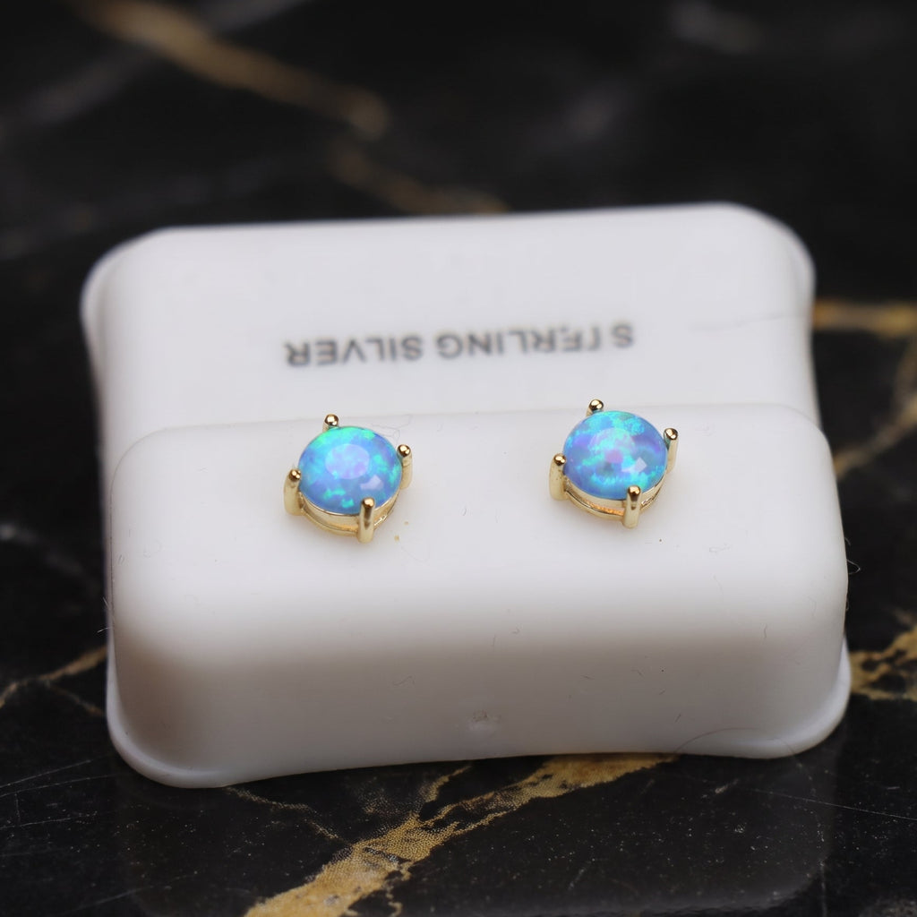 Blue Fire Opal Round Earrings 14K Over 925 Sterling Silver Lab Created