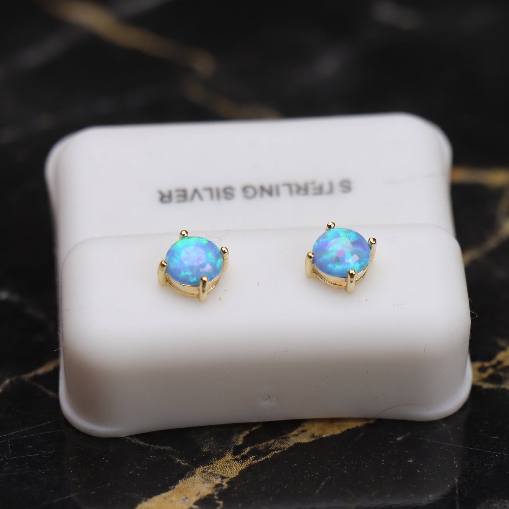 Blue Fire Opal Round Earrings 14K Over 925 Sterling Silver Lab Created
