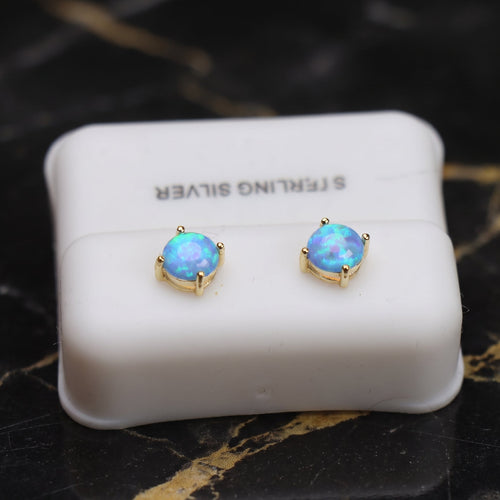 Blue Fire Opal Round Earrings 14K Over 925 Sterling Silver Lab Created