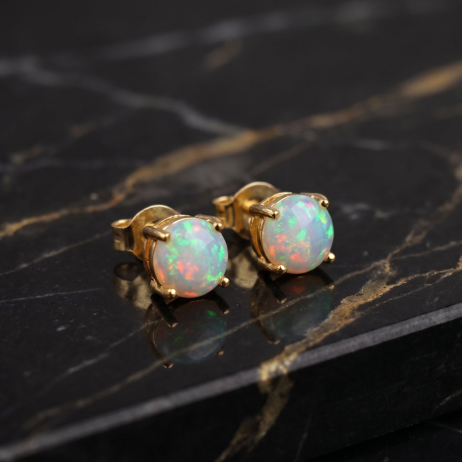 Whte Opal Round Earrings 14K Over 925 Sterling Silver Lab Created 6mm