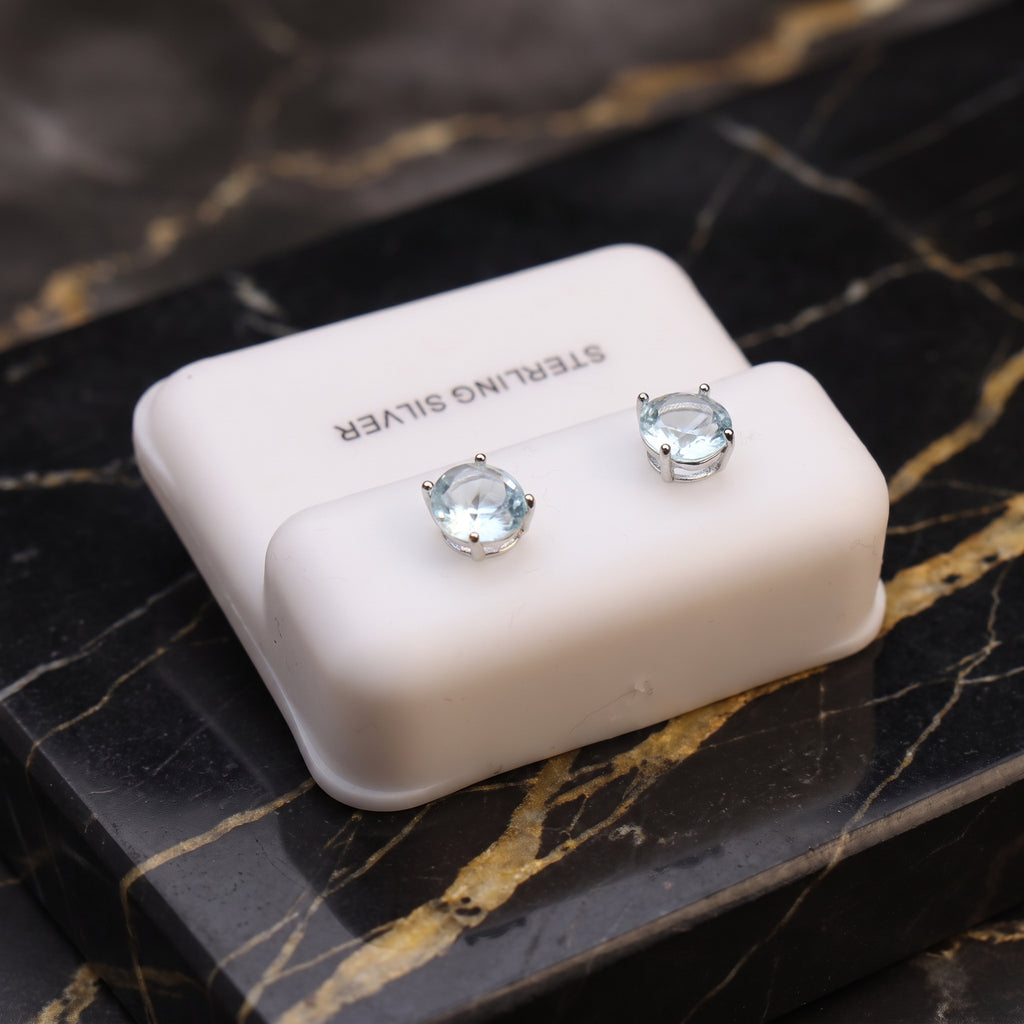 Light Blue Cz Earrings Round 925 Sterling Silver 6mm