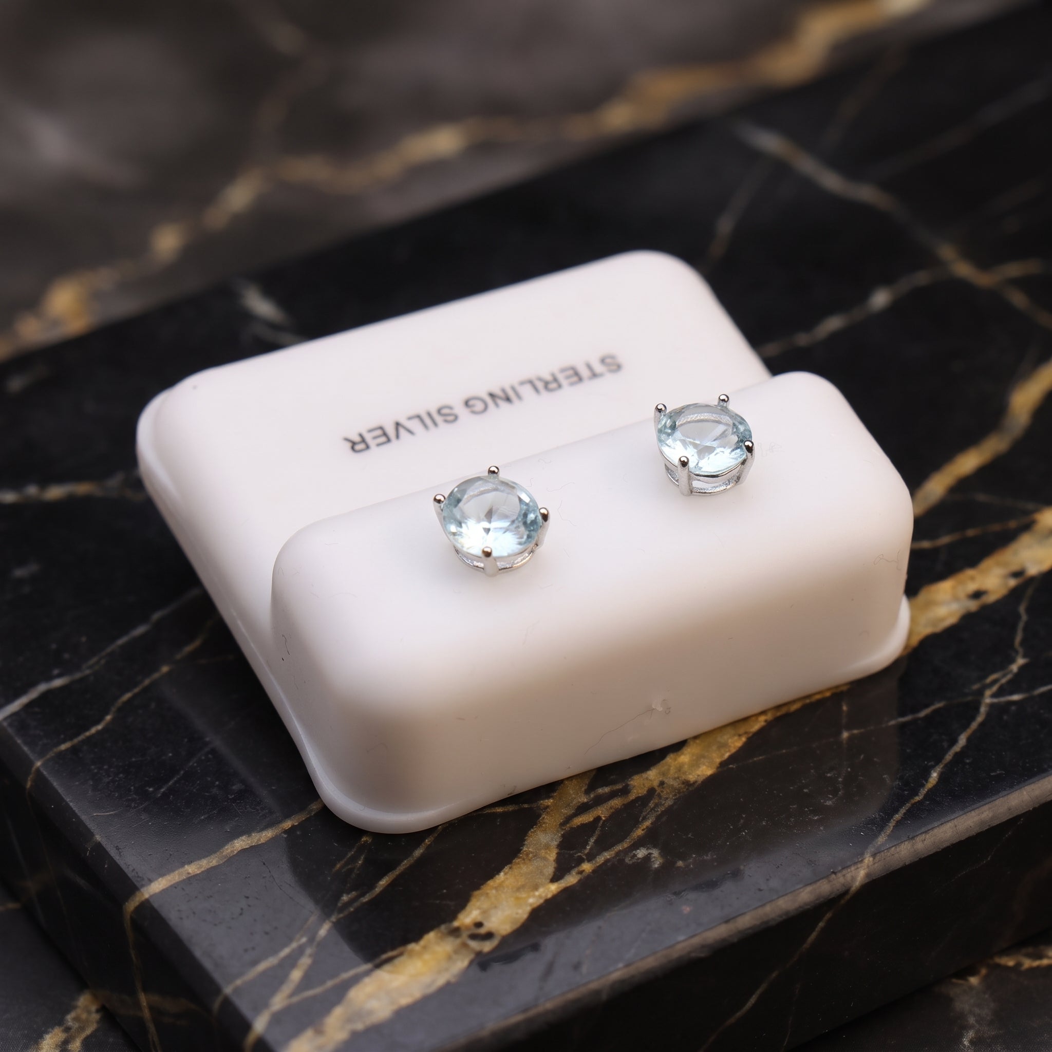 Light Blue Cz Earrings Round 925 Sterling Silver 6mm