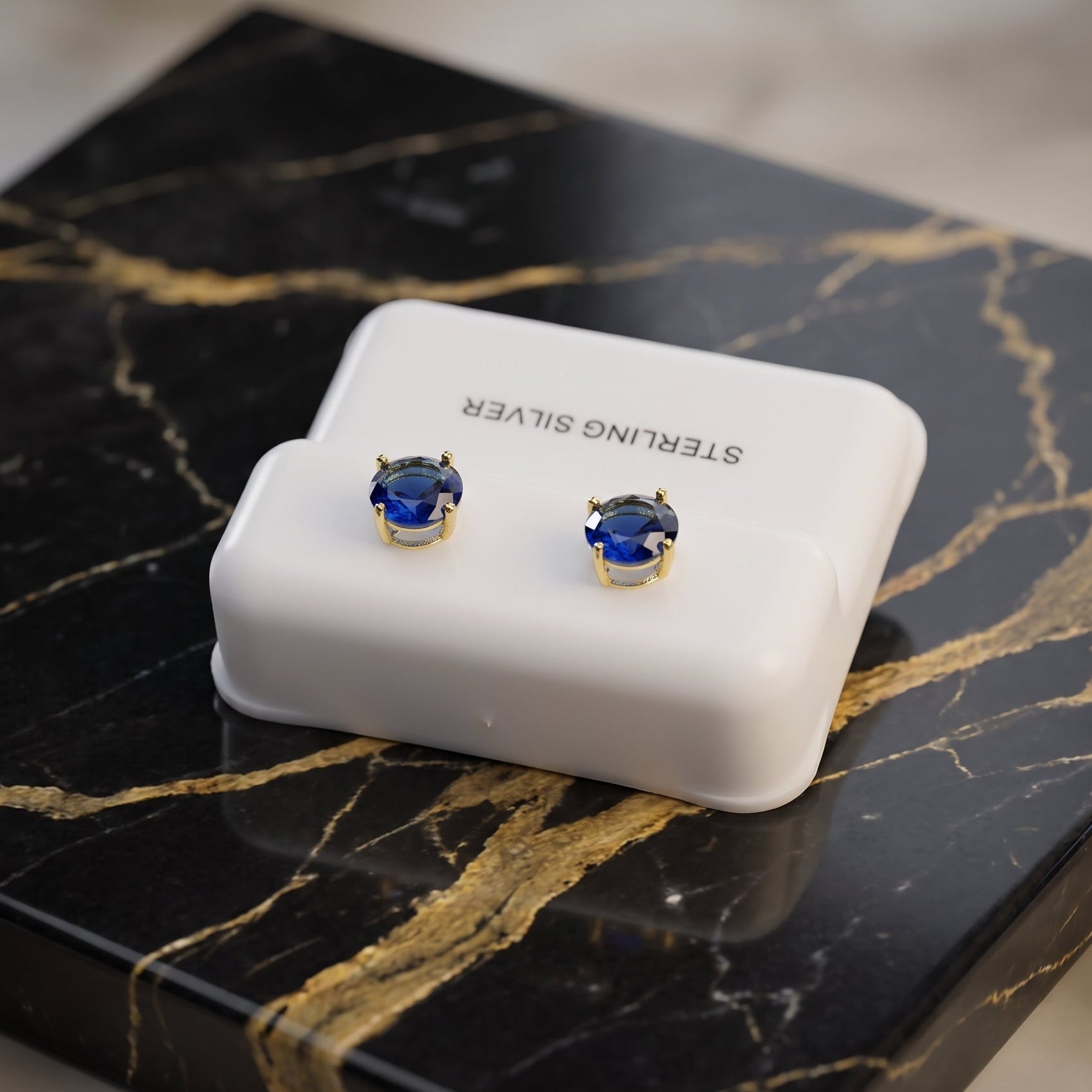 Blue Sapphire Cz Earrings Round 14k Gold Over 925 Sterling Silver 6mm