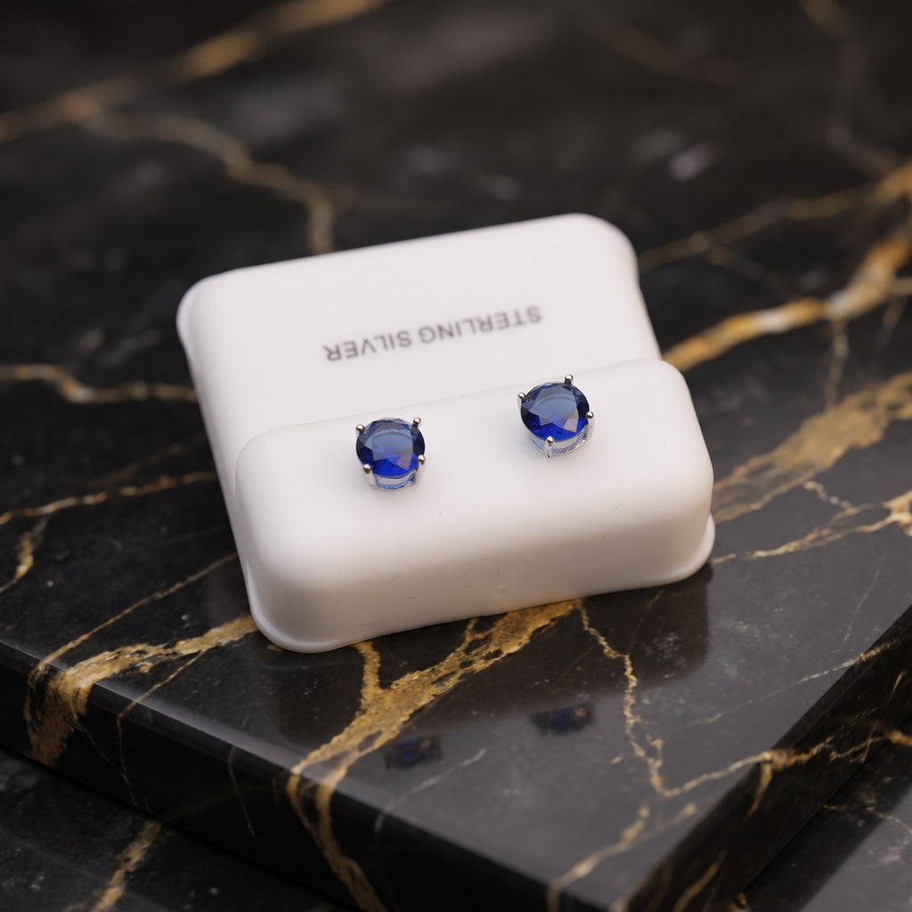 Blue Sapphire Cz Earrings Round 925 Sterling Silver 6mm