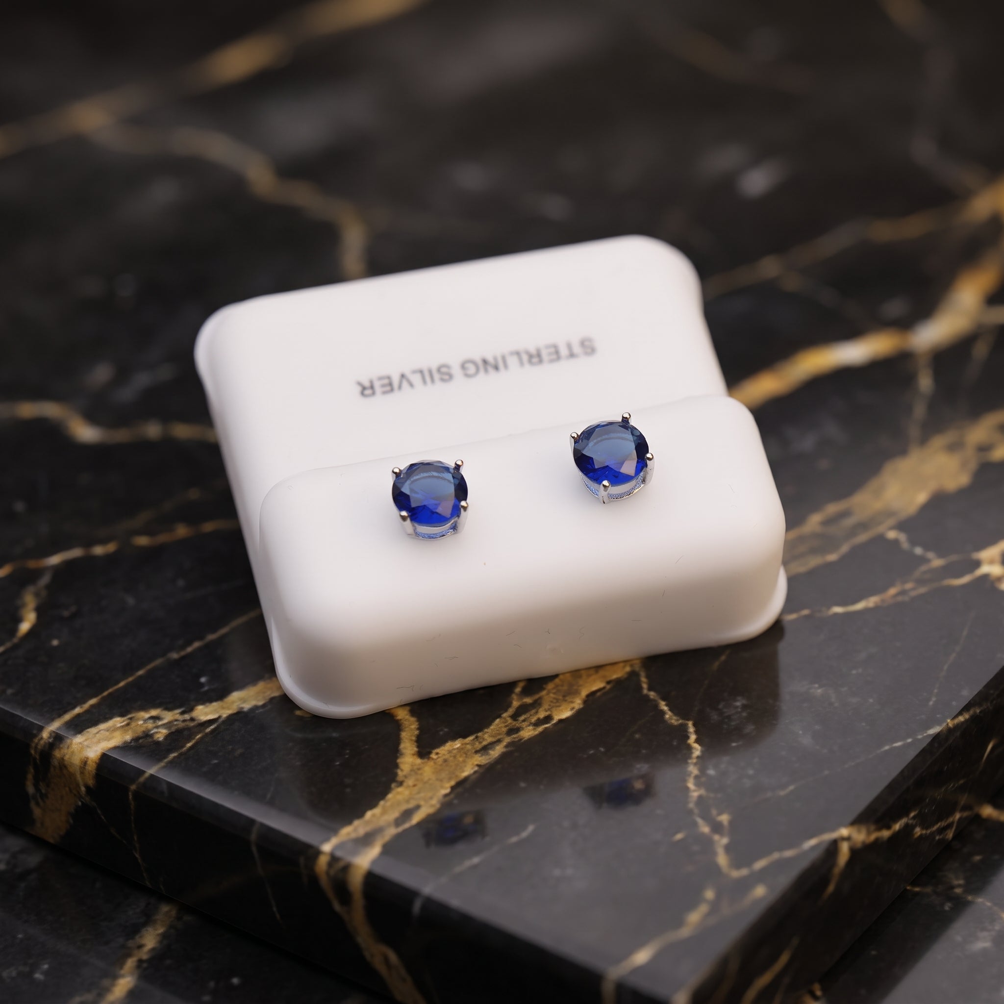 Blue Sapphire Cz Earrings Round 925 Sterling Silver 6mm