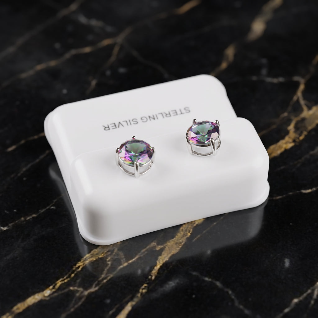 Mystic Topaz 8mm Cz Earrings Round 925 Sterling Silver