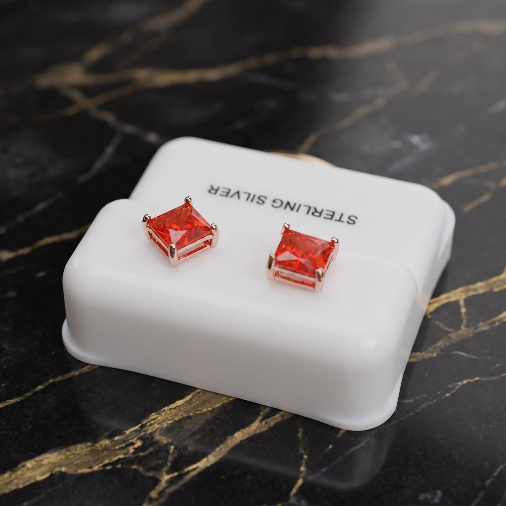 Red Fire Opal Square Earrings Rose Gold Over 925 Sterling Silver Lab Created