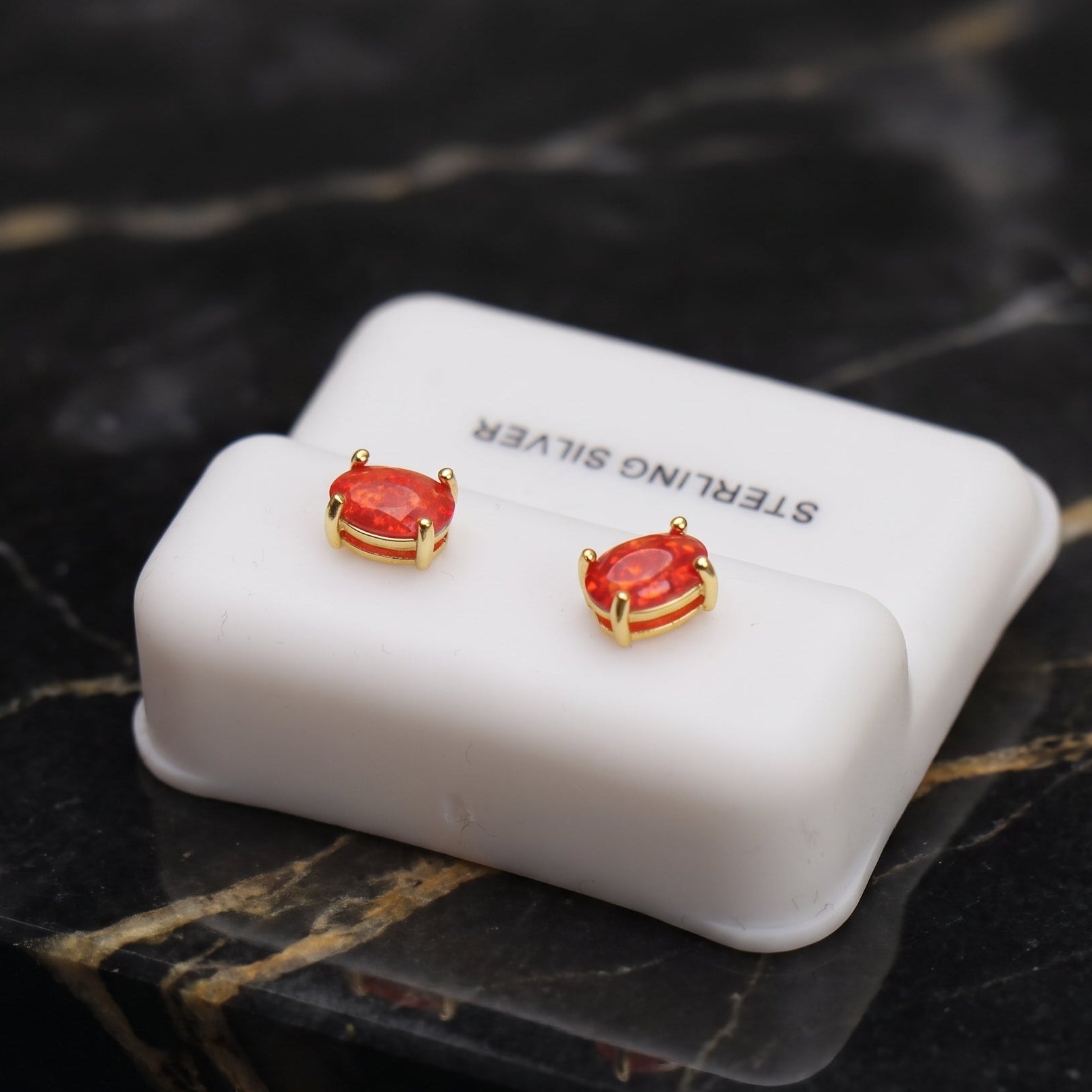 Red Opal Oval Earrings 14k Gold Over 925 Sterling Silver Lab Created 4x6mm