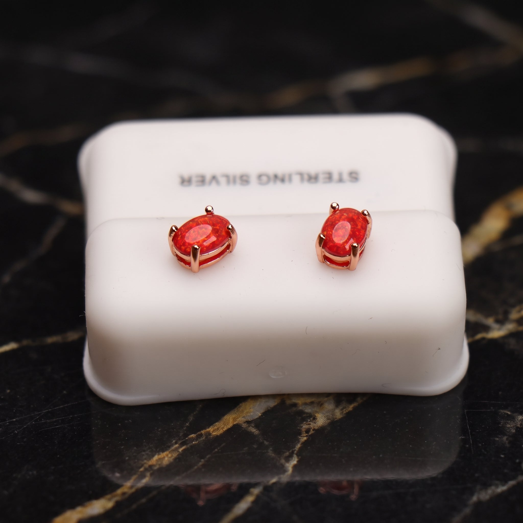 Red Opal Oval Earrings 14k Rose Gold Over 925 Sterling Silver Lab Created 4x6mm
