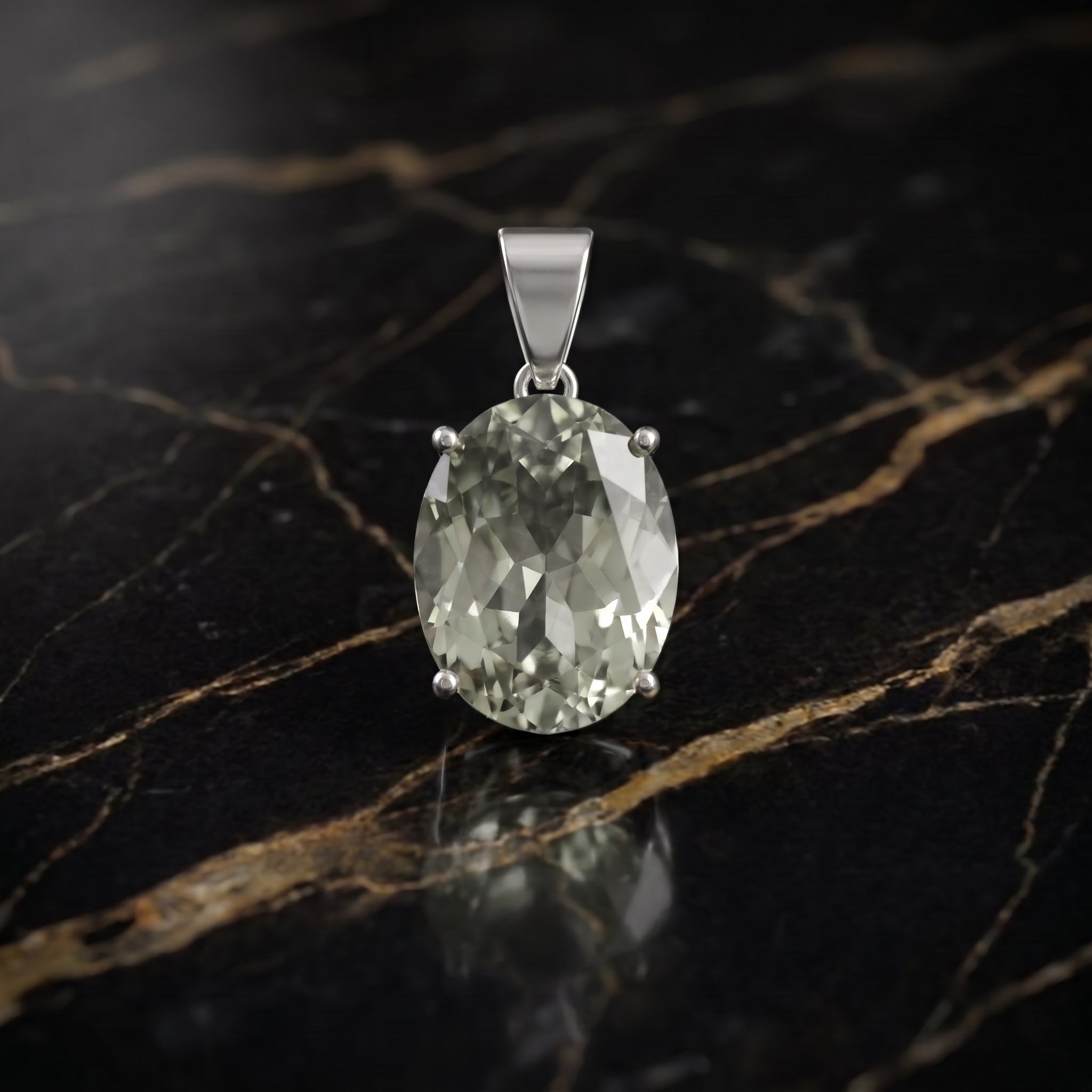 Green Amethyst Oval Semi Precious Natural Pendant 925 Silver 8x7mm