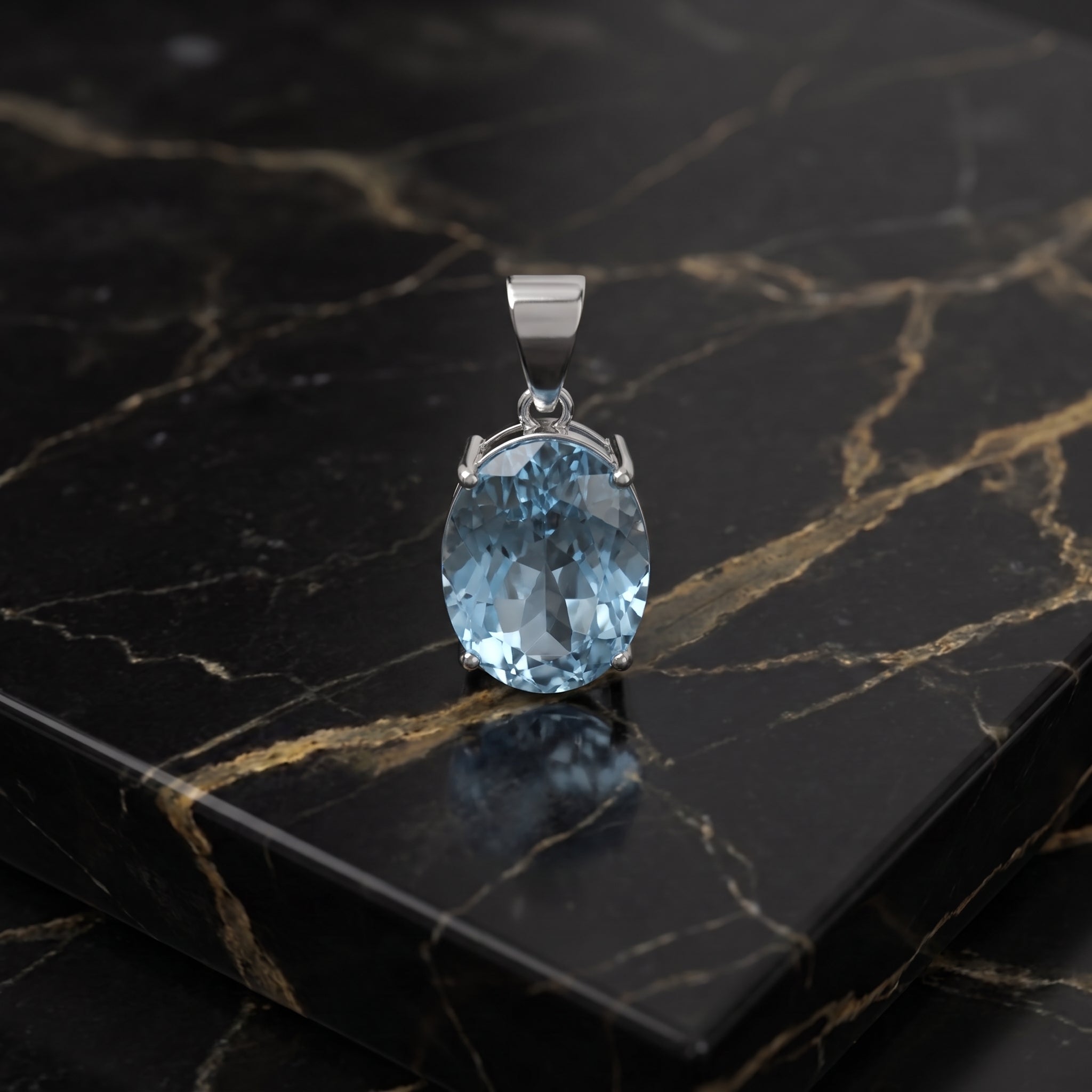 Blue Topaz Oval Semi Precious Natural Pendant 925 Silver 8x7mm