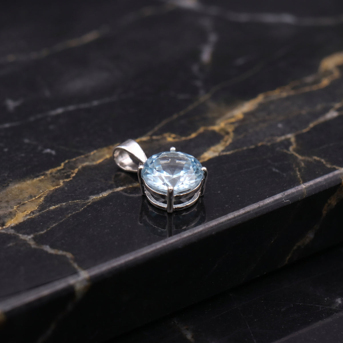 Blue Topaz Round Semi Precious Natural Pendant 925 Sterling Silver 7mm