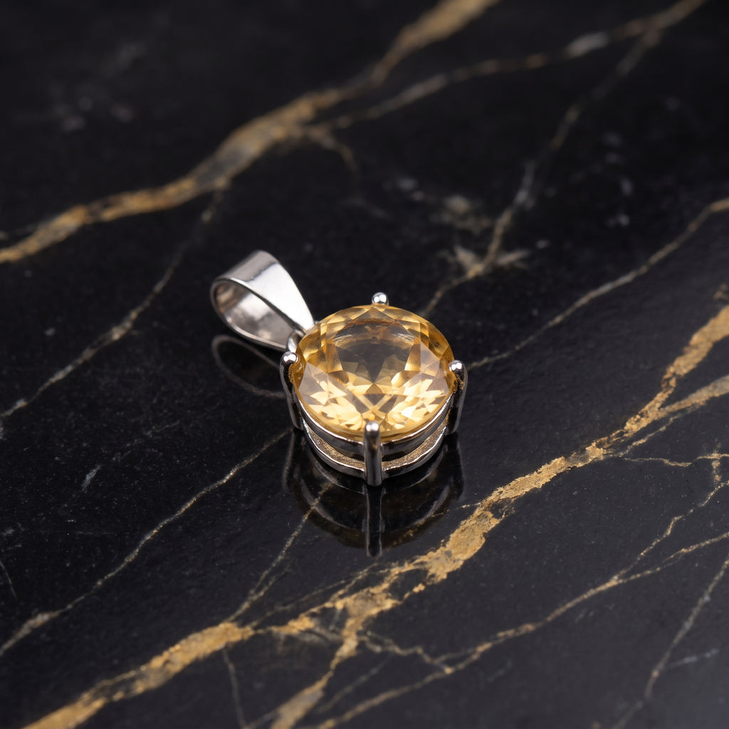 Citrine Round Semi Precious Natural Pendant 925 Sterling Silver 7mm