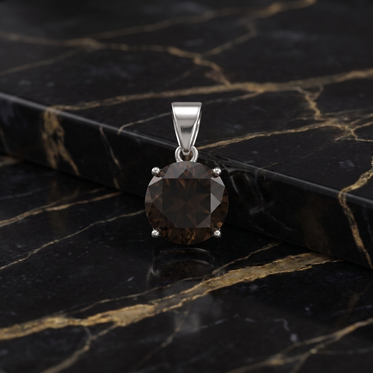 Smokey Quartz Round Semi Precious Natural Pendant 925 Silver 7mm