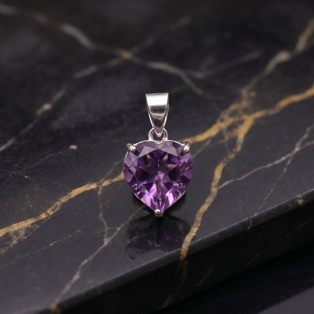 Purple Amethyst Heart Semi Precious Natural Pendant 925 Silver 9mm