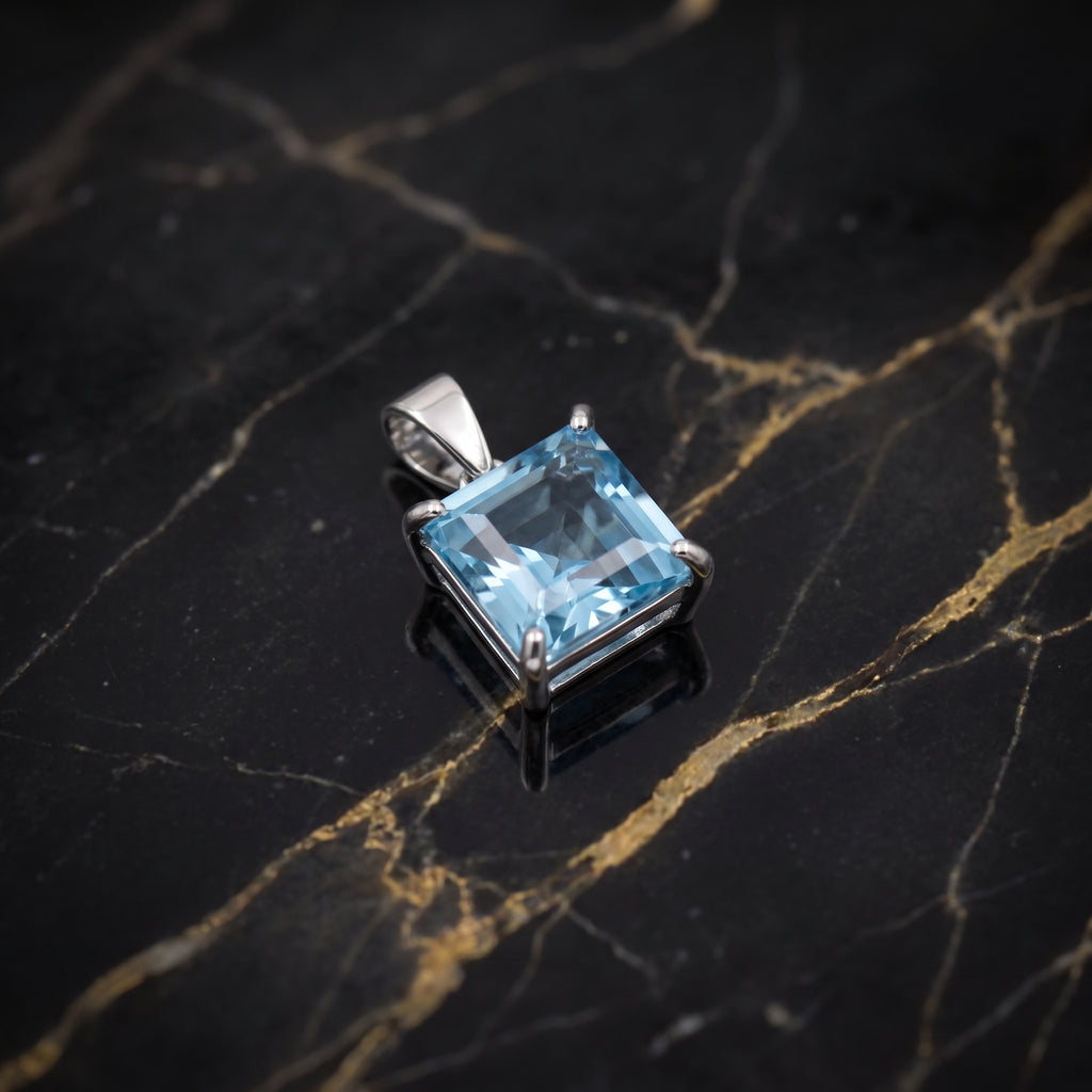 Blue Topaz Square Semi Precious Natural Pendant 925 Sterling Silver 9mm
