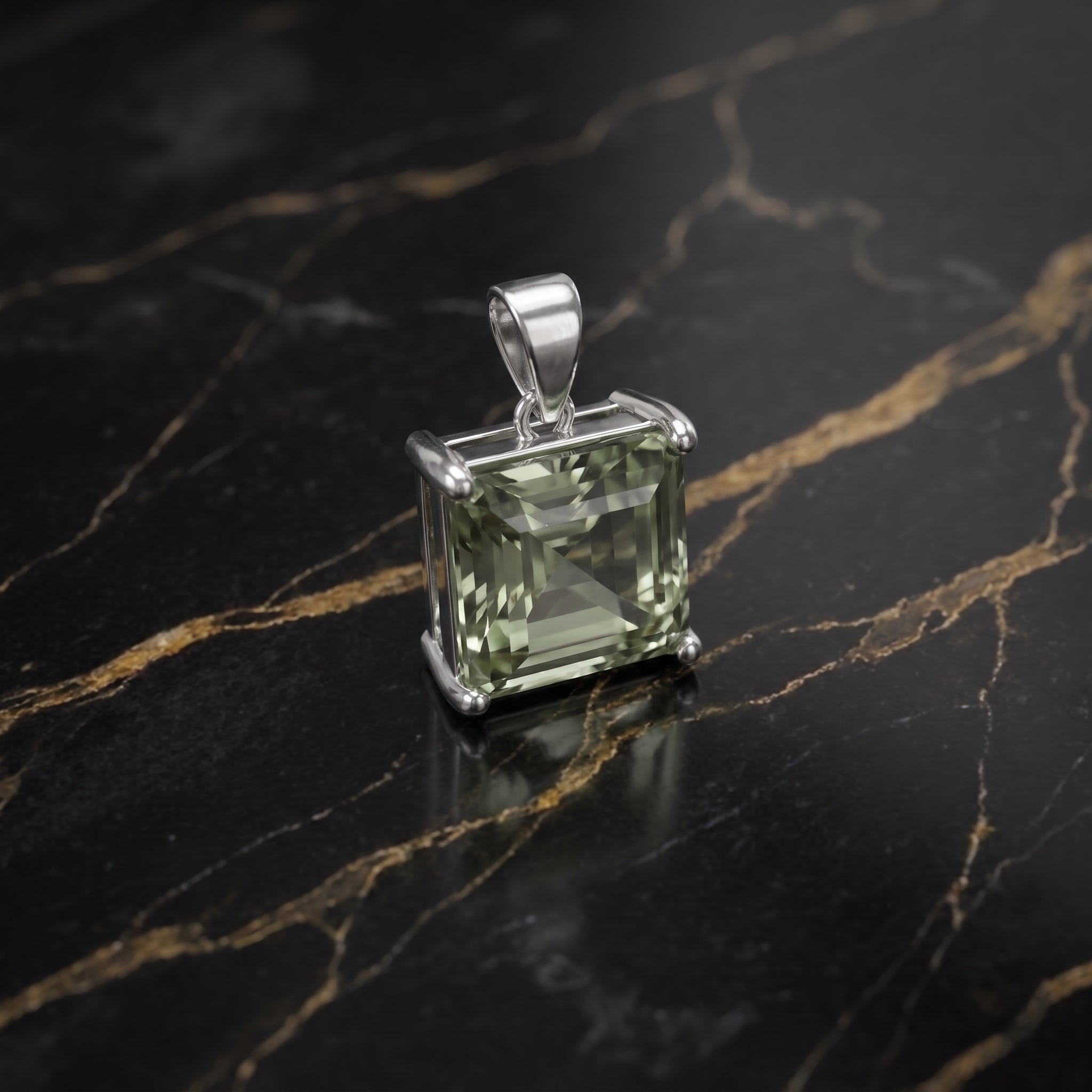Green Amethyst Square Semi Precious Natural Pendant 925 Silver 9mm