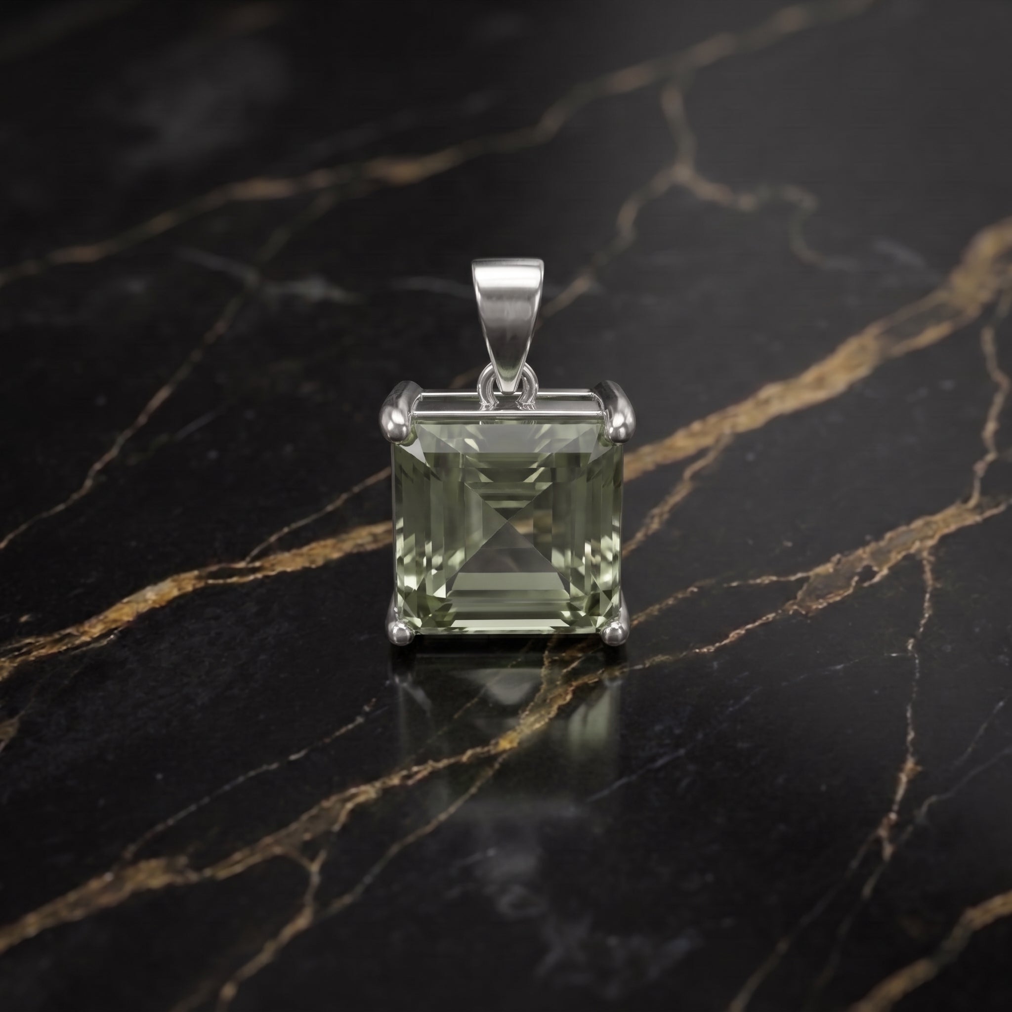 Green Amethyst Square Semi Precious Natural Pendant 925 Silver 9mm