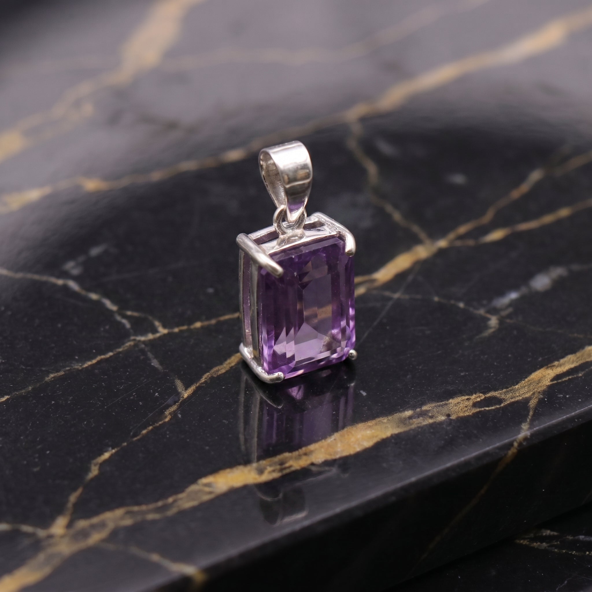 Amethyst Emerald Cut Semi Precious Natural Pendant 925 Silver 9x7mm
