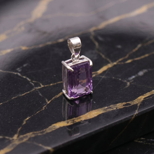 Amethyst Emerald Cut Semi Precious Natural Pendant 925 Silver 9x7mm