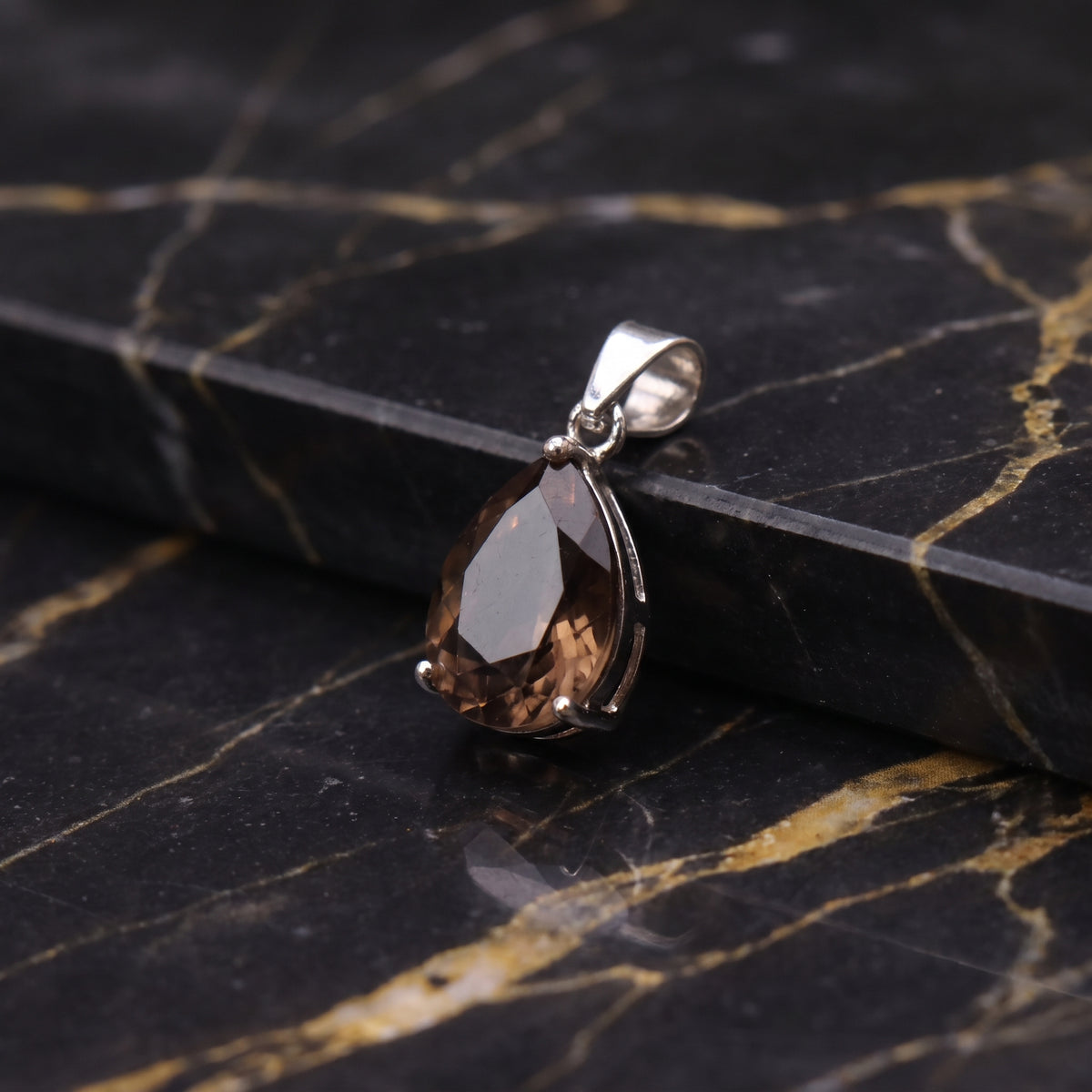 Smokey Quartz Pear Semi Precious Natural Pendant 925 Silver 10x7mm