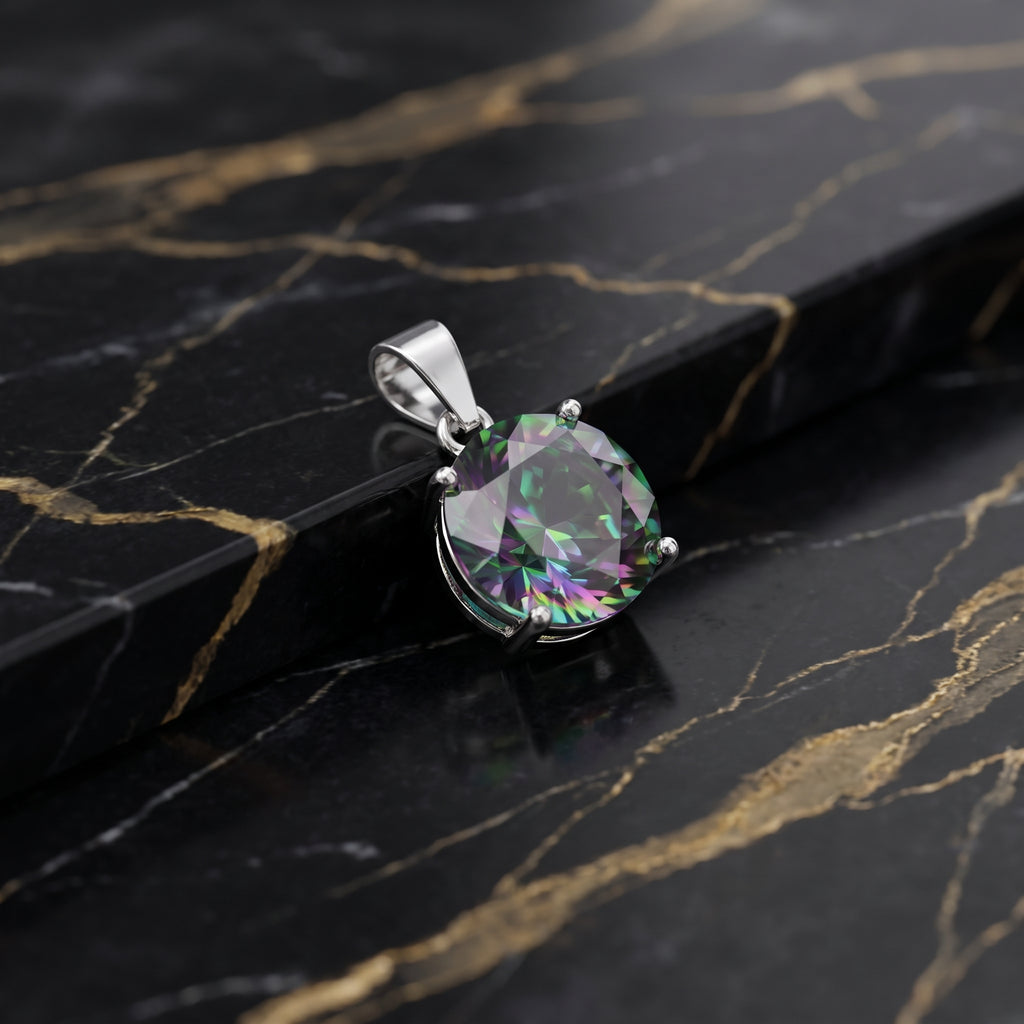 Mystic Topaz Round Semi Precious Natural Pendant 925 Sterling Silver 7mm