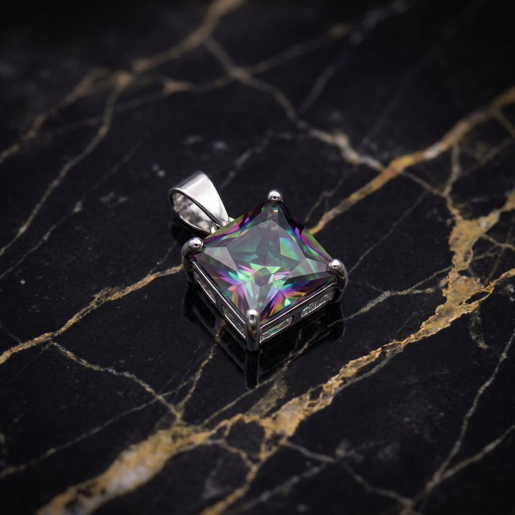 Mystic Topaz Square Semi Precious Natural Pendant 925 Sterling Silver 9mm