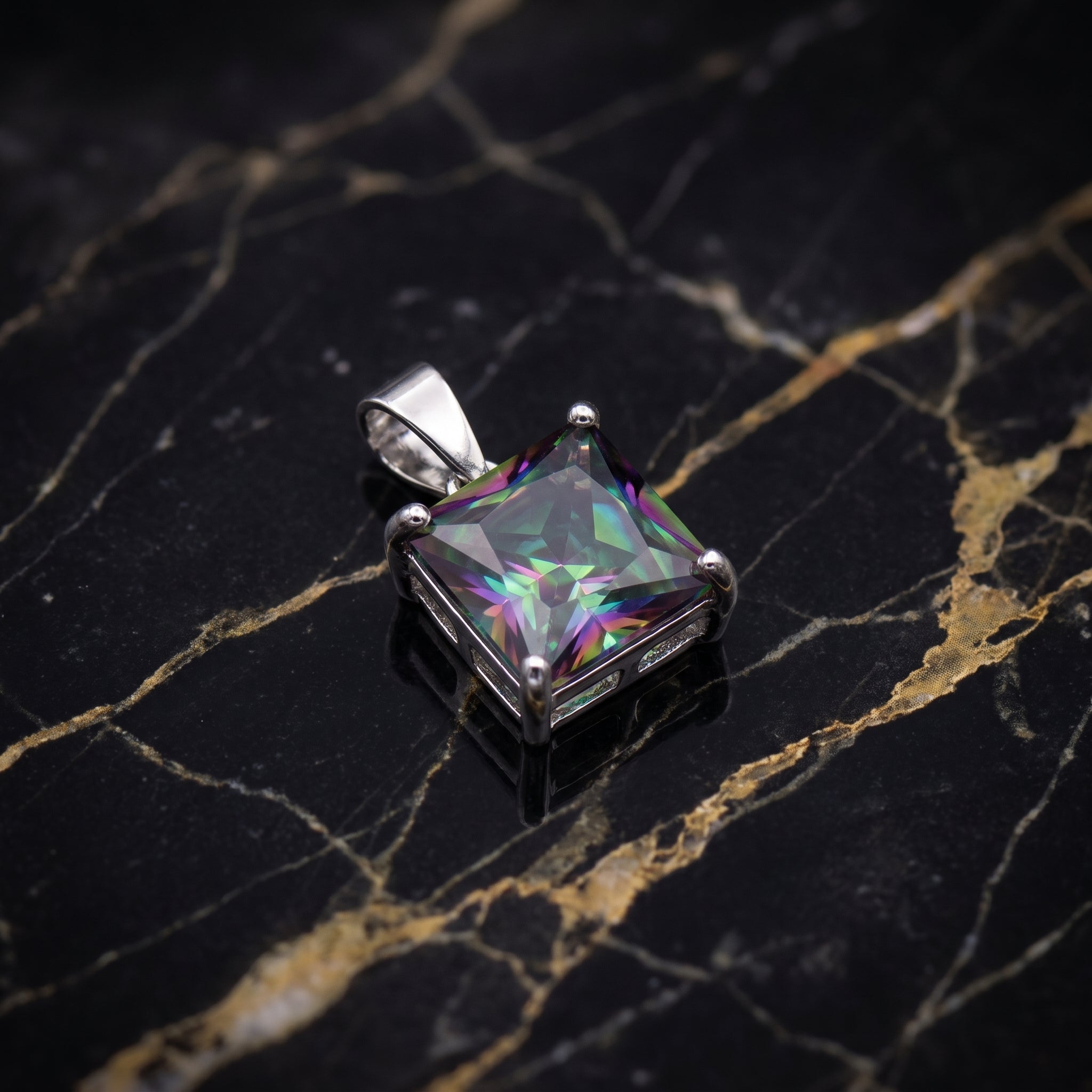 Mystic Topaz Square Semi Precious Natural Pendant 925 Sterling Silver 9mm