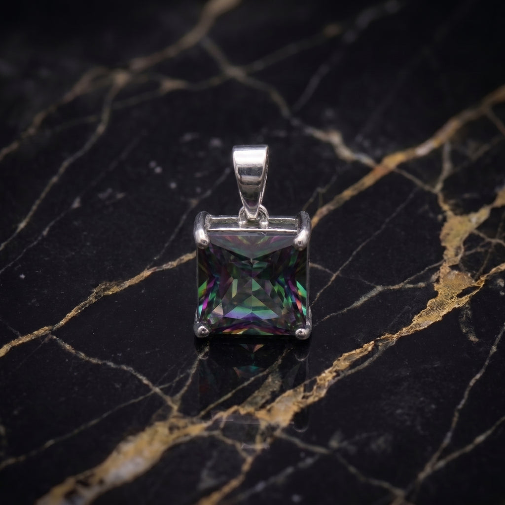 Mystic Topaz Square Semi Precious Natural Pendant 925 Sterling Silver 9mm