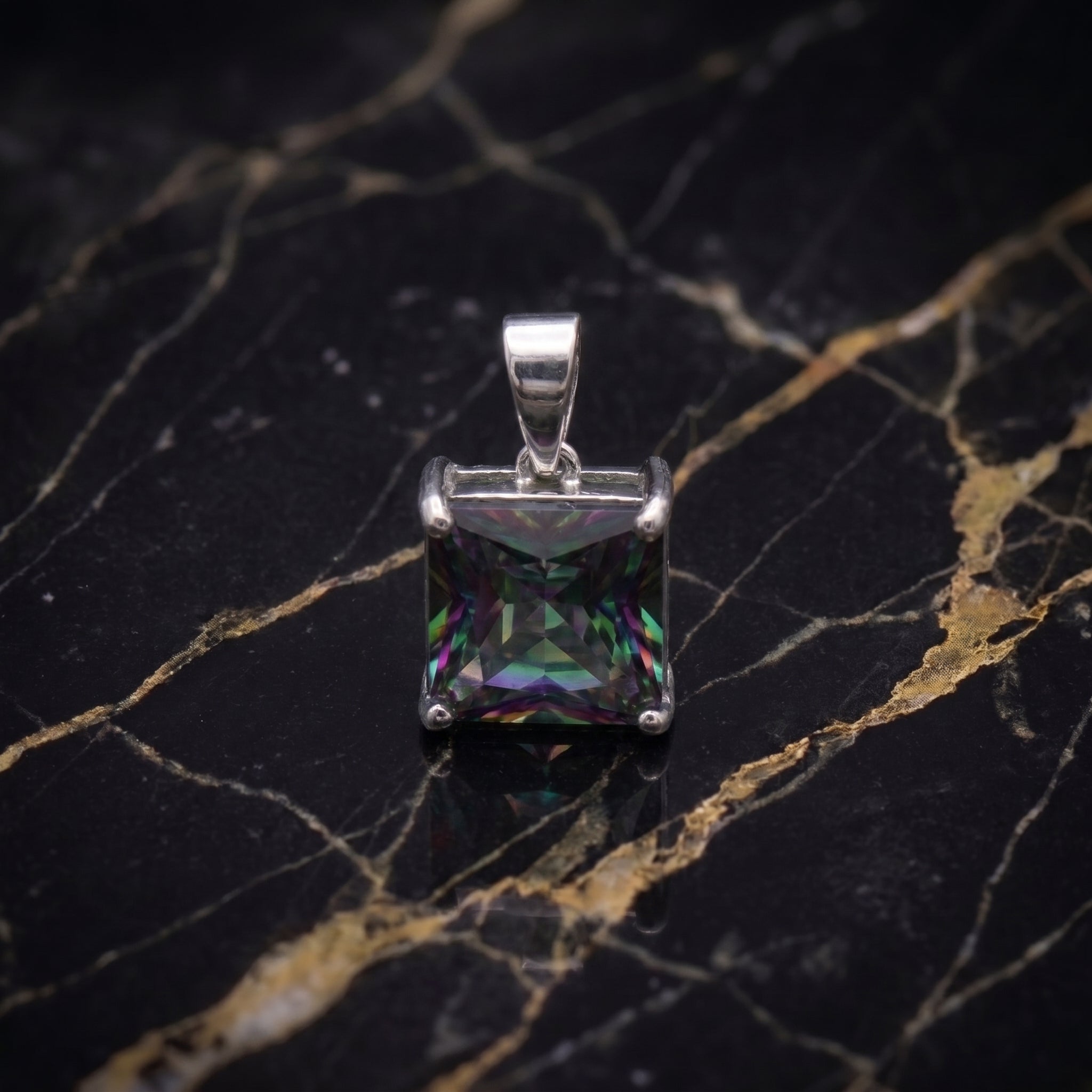 Mystic Topaz Square Semi Precious Natural Pendant 925 Sterling Silver 9mm