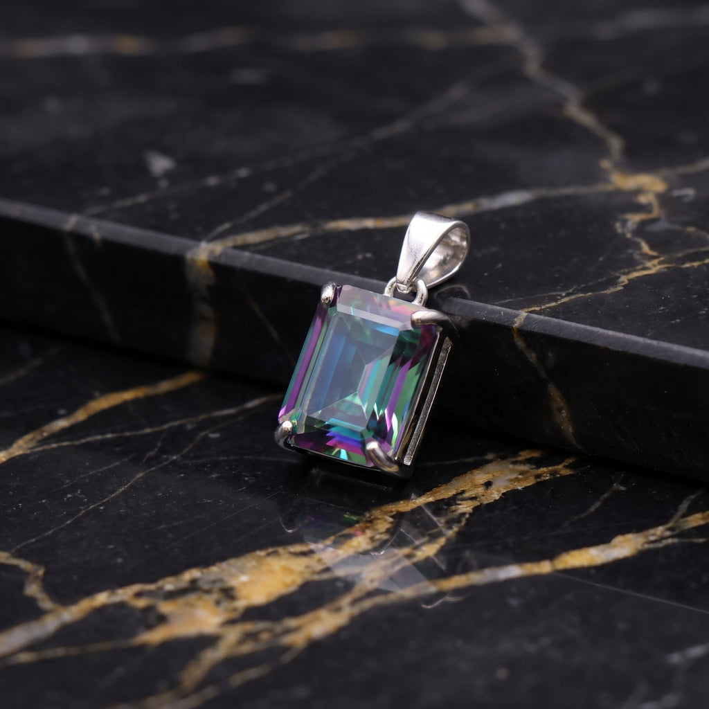 Mystic Topaz Emerald Cut Semi Precious Natural Pendant 925 Silver 9x7mm