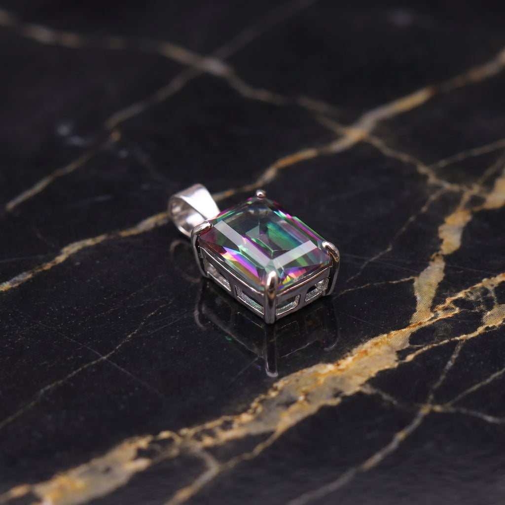 Mystic Topaz Emerald Cut Semi Precious Natural Pendant 925 Silver 9x7mm