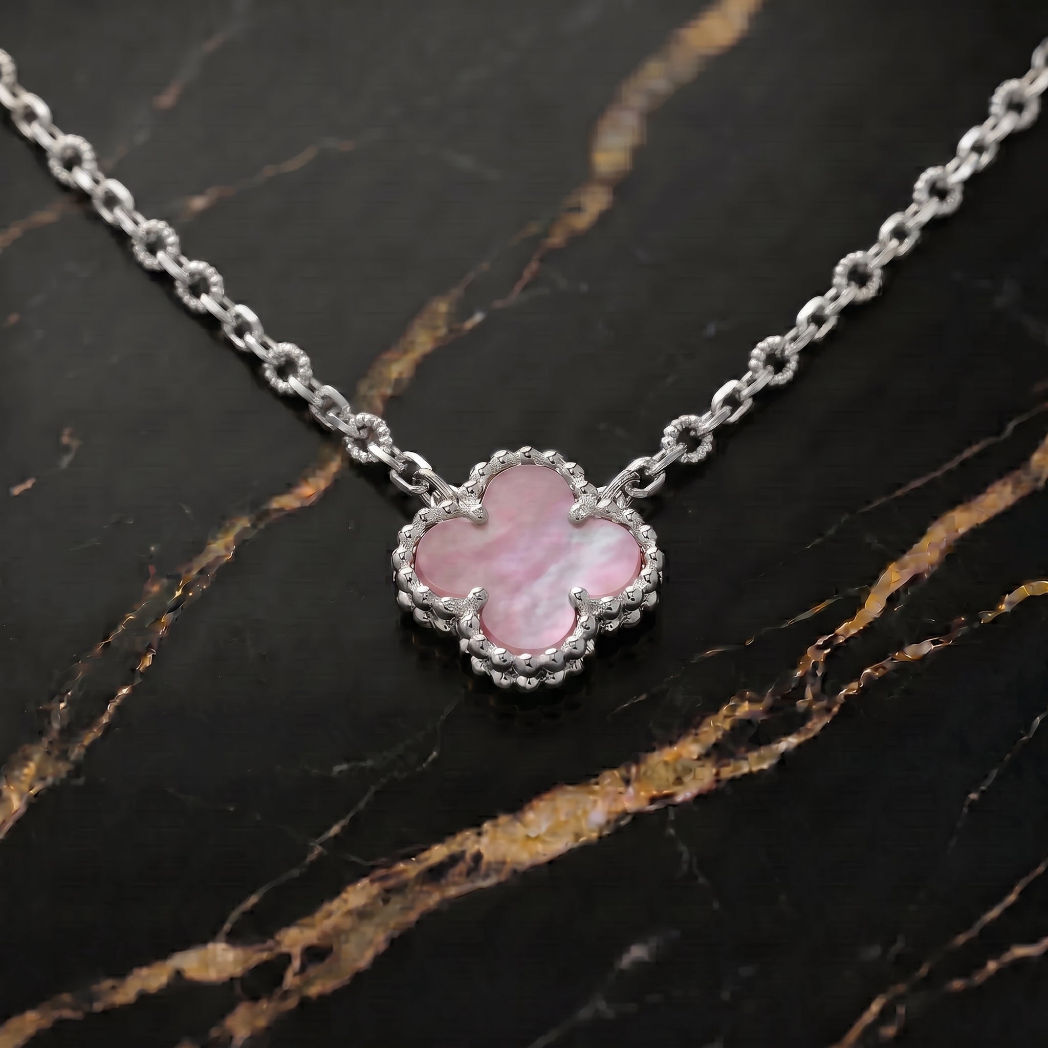 Pink Mother Of Pearl Clover 18” Adjustable Necklace 925 Silver