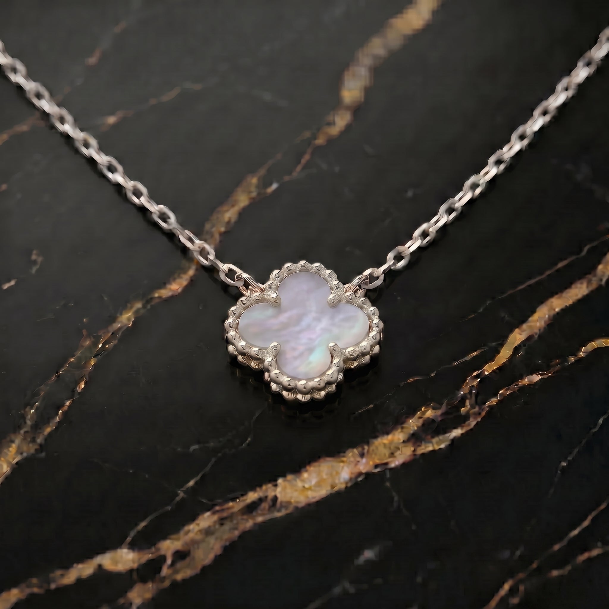 Mother Of Pearl Clover 18” Adjustable Necklace 925 Sterling Silver 9.5mm