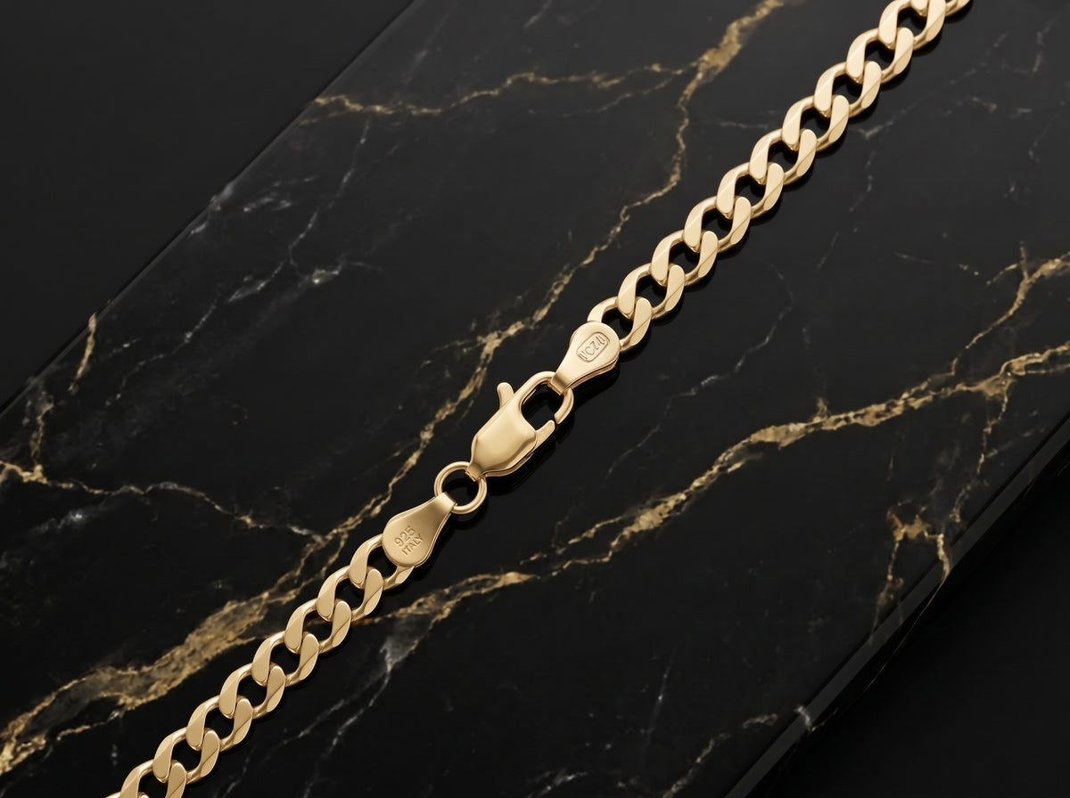 4mm Gold Over 925 Sterling Silver Curb Cuban Link Solid Chain Necklace
